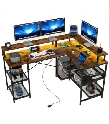 HOMCOM L Shaped Gaming Desk w/ LED Lights and Power Outlets for Small Space