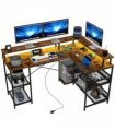 HOMCOM L Shaped Gaming Desk w/ LED Lights and Power Outlets for Small Space