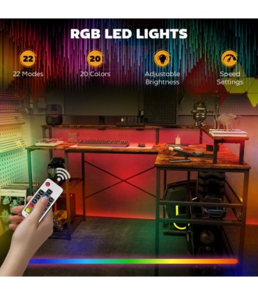 HOMCOM L Shaped Gaming Desk w/ LED Lights and Power Outlets for Small Space
