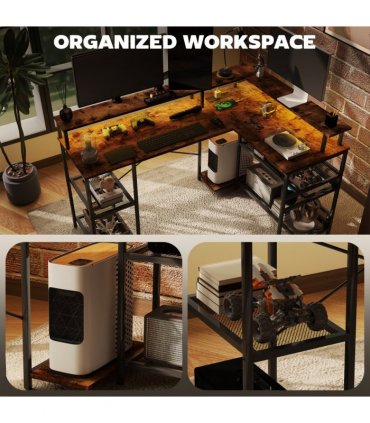 HOMCOM L Shaped Gaming Desk w/ LED Lights and Power Outlets for Small Space