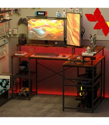 HOMCOM L Shaped Gaming Desk w/ LED Lights and Power Outlets for Small Space