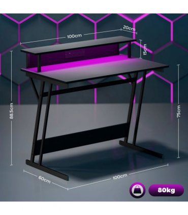 HOMCOM LED Gaming Desk with Power Outlets and Monitor Stand 100 x 60cm Black