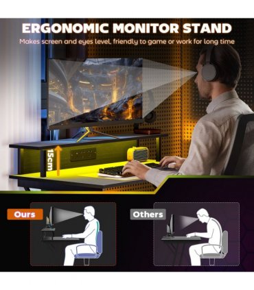 HOMCOM LED Gaming Desk with Power Outlets and Monitor Stand 100 x 60cm Black