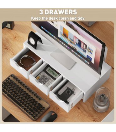 HOMCOM Monitor Stand Riser with 3 Drawers for Laptop, Computer, PC, White