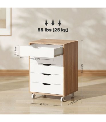 Vinsetto Mobile Filing Cabinet, 5-drawer File Cabinet with Wheels, Oak
