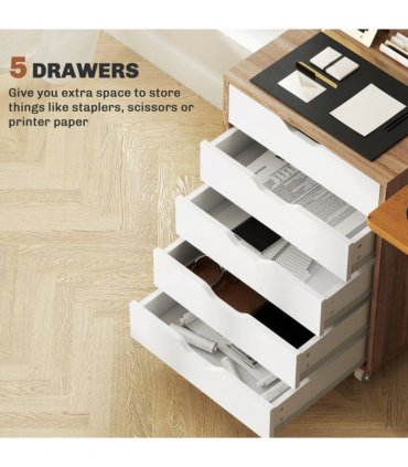 Vinsetto Mobile Filing Cabinet, 5-drawer File Cabinet with Wheels, Oak