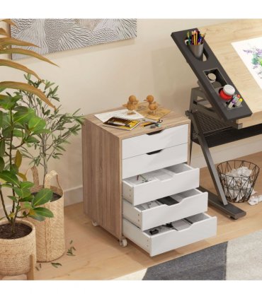 Vinsetto Mobile Filing Cabinet, 5-drawer File Cabinet with Wheels, Oak