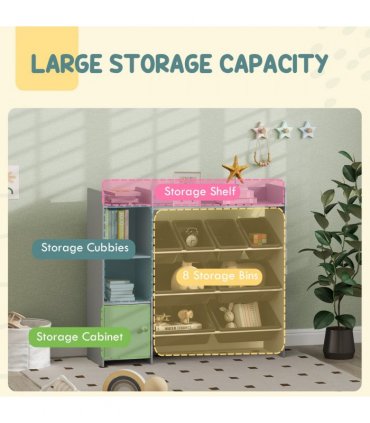 AIYAPLAY Toy Storage Unit with 8 Removable Bins, Storage Shelves, Cabinet