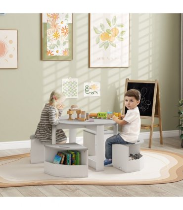 AIYAPLAY 5-Piece Kids Table and Chairs Set w/ Storage for 3-8 Years Old-Grey