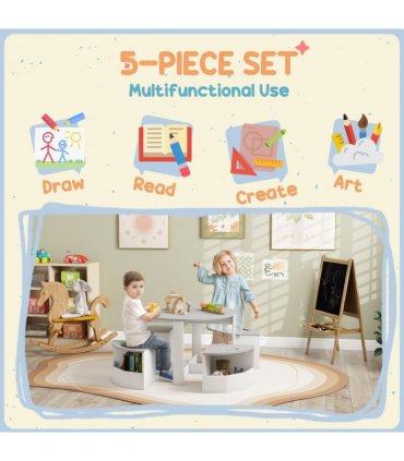AIYAPLAY 5-Piece Kids Table and Chairs Set w/ Storage for 3-8 Years Old-Grey