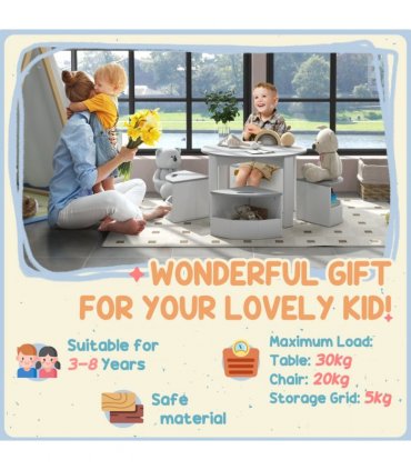 AIYAPLAY 5-Piece Kids Table and Chairs Set w/ Storage for 3-8 Years Old-Grey