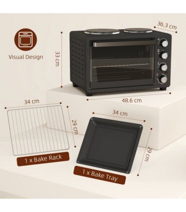 HOMCOM 28L Countertop Toaster Oven with 2 Hot Plates, Grill, Roast, Bake