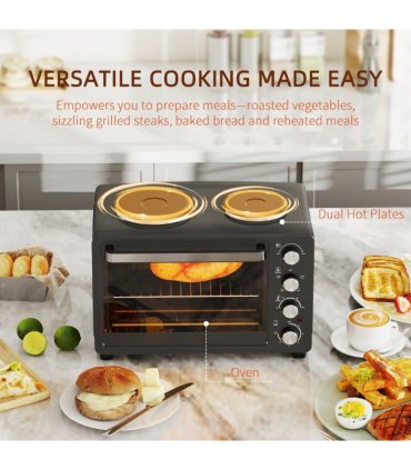 HOMCOM 28L Countertop Toaster Oven with 2 Hot Plates, Grill, Roast, Bake