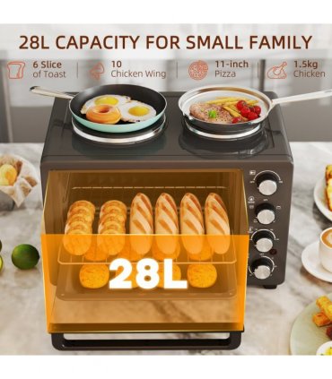 HOMCOM 28L Countertop Toaster Oven with 2 Hot Plates, Grill, Roast, Bake