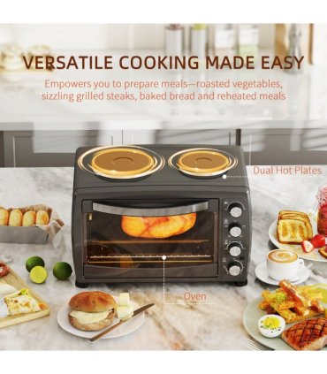 HOMCOM 36L Countertop Toaster Oven with 2 Hot Plates, Grill, Roast, Bake