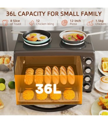 HOMCOM 36L Countertop Toaster Oven with 2 Hot Plates, Grill, Roast, Bake
