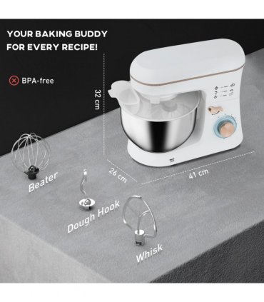 HOMCOM Electric Stand Mixer, 5L Food Mixer with Dough Hook, Whisk, White