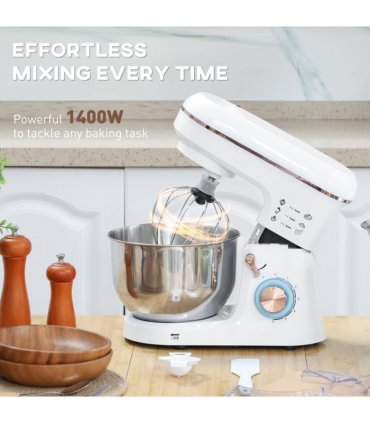 HOMCOM Electric Stand Mixer, 5L Food Mixer with Dough Hook, Whisk, White