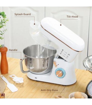 HOMCOM Electric Stand Mixer, 5L Food Mixer with Dough Hook, Whisk, White