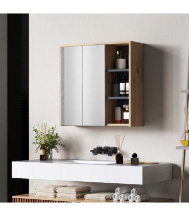 HOMCOM Bathroom Cabinet Wall Mounted Mirror Storage with Shelves Natural