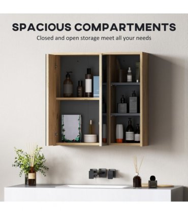 HOMCOM Bathroom Cabinet Wall Mounted Mirror Storage with Shelves Natural