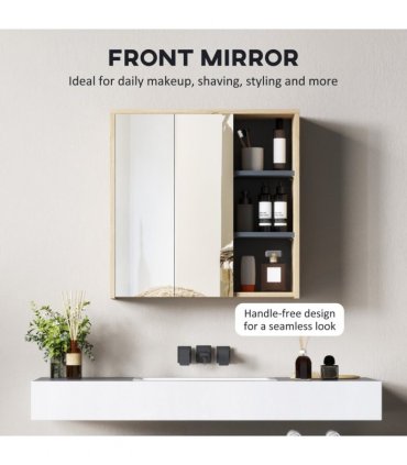 HOMCOM Bathroom Cabinet Wall Mounted Mirror Storage with Shelves Natural