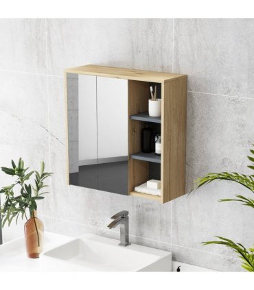 HOMCOM Bathroom Cabinet Wall Mounted Mirror Storage with Shelves Natural