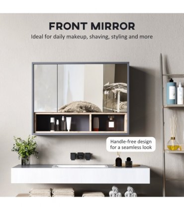 HOMCOM Bathroom Cabinet Wall Mounted Mirror Storage with Shelves Grey
