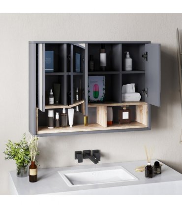 HOMCOM Bathroom Cabinet Wall Mounted Mirror Storage with Shelves Grey