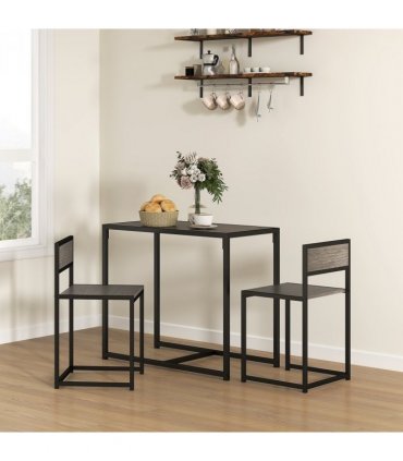 HOMCOM 3 Piece Dining Table Set with Metal Frame Grey Wood-Effect