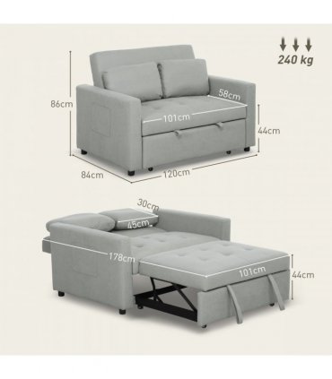 HOMCOM 2 Seater Sofa Bed Convertible Bed Settee with Cushions, Pockets, Grey