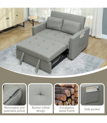 HOMCOM 2 Seater Sofa Bed Convertible Bed Settee with Cushions, Pockets, Grey