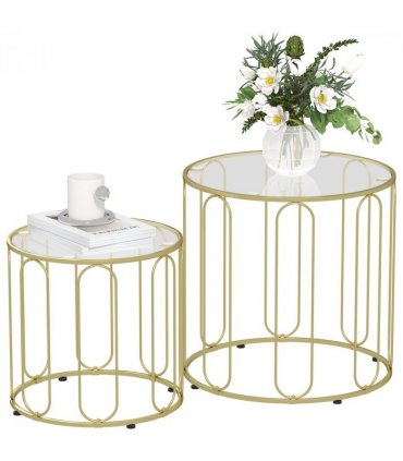 HOMCOM Coffee Table Set of 2, Nest of Tables with Metal Frame, Gold Tone