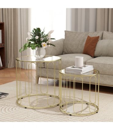 HOMCOM Coffee Table Set of 2, Nest of Tables with Metal Frame, Gold Tone