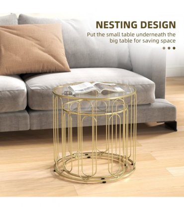 HOMCOM Coffee Table Set of 2, Nest of Tables with Metal Frame, Gold Tone