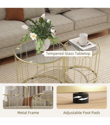 HOMCOM Coffee Table Set of 2, Nest of Tables with Metal Frame, Gold Tone