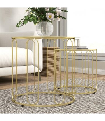 HOMCOM Coffee Table Set of 2, Nest of Tables with Metal Frame, Gold Tone