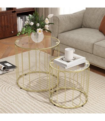 HOMCOM Coffee Table Set of 2, Nest of Tables with Metal Frame, Gold Tone