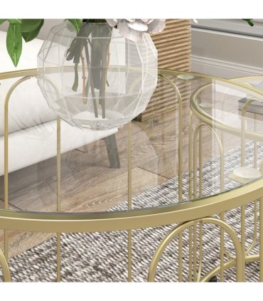 HOMCOM Coffee Table Set of 2, Nest of Tables with Metal Frame, Gold Tone