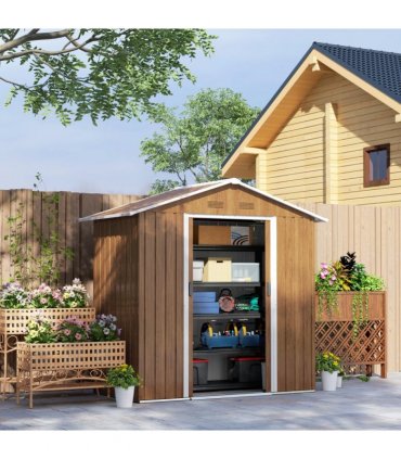 Outsunny 6.5x3.5ft Metal Garden Shed for Garden, Brown Wood Effect