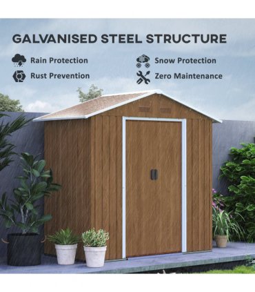 Outsunny 6.5x3.5ft Metal Garden Shed for Garden, Brown Wood Effect