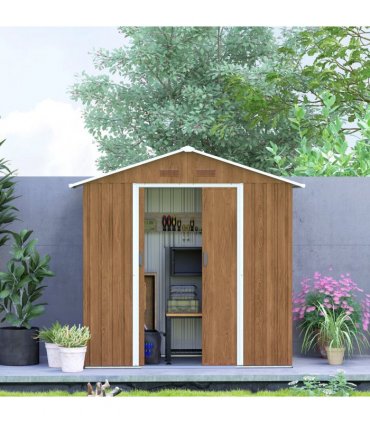 Outsunny 6.5x3.5ft Metal Garden Shed for Garden, Brown Wood Effect