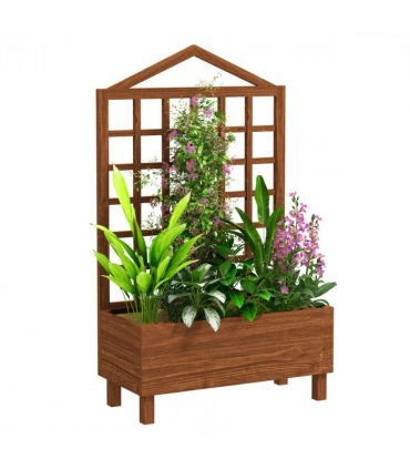 Outsunny Wooden Garden Planters with Trellis for Vine Climbing Plants Brown
