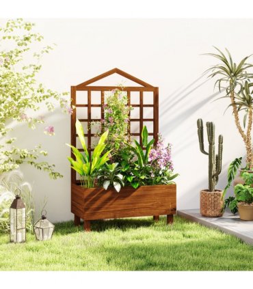 Outsunny Wooden Garden Planters with Trellis for Vine Climbing Plants Brown