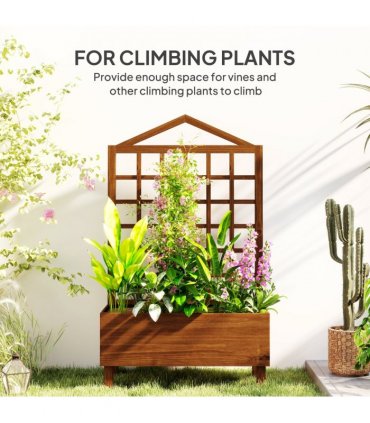 Outsunny Wooden Garden Planters with Trellis for Vine Climbing Plants Brown