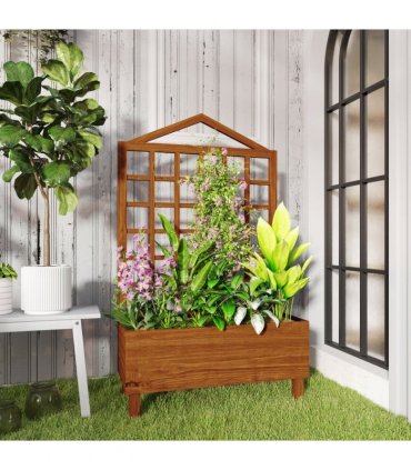 Outsunny Wooden Garden Planters with Trellis for Vine Climbing Plants Brown