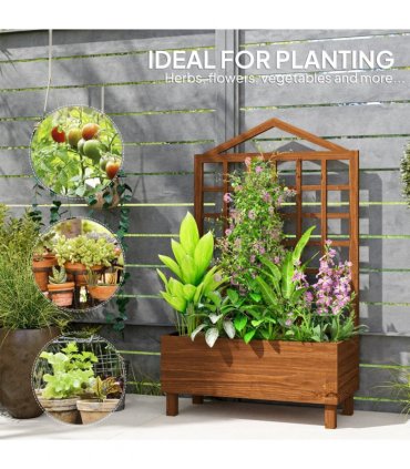 Outsunny Wooden Garden Planters with Trellis for Vine Climbing Plants Brown