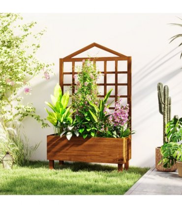 Outsunny Wooden Garden Planters with Trellis for Vine Climbing Plants Brown