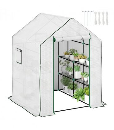 Outsunny Walk-in Greenhouse with 8 Shelves, Outdoor Small Greenhouse, White
