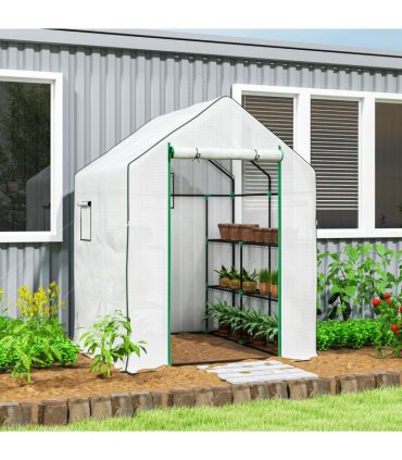 Outsunny Walk-in Greenhouse with 8 Shelves, Outdoor Small Greenhouse, White